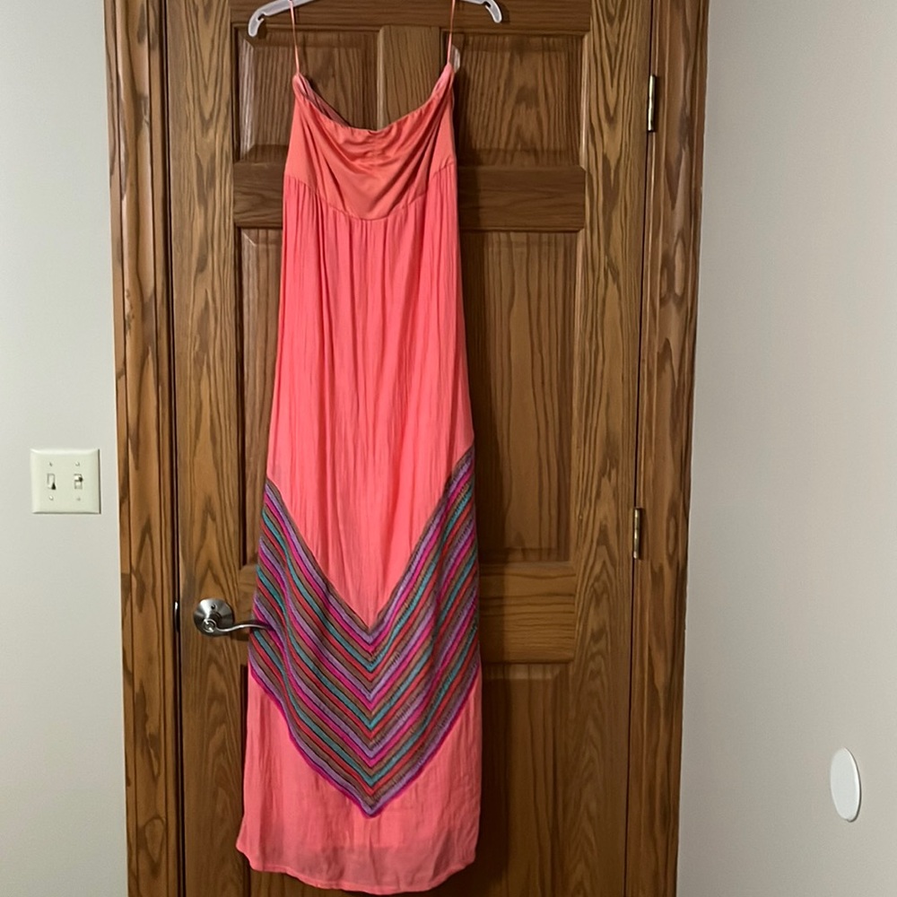 Women's Coral Maxi Dress with Multicolor Chevron Detail